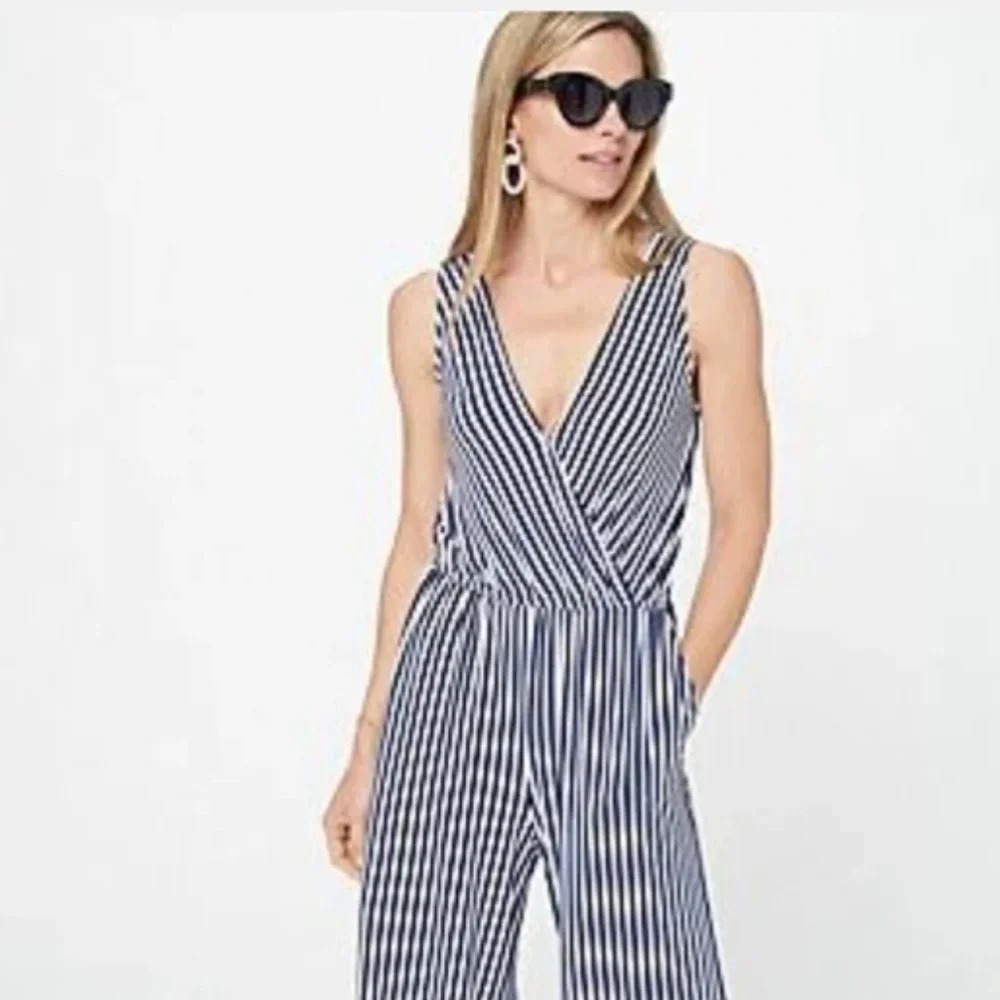 Jason Wu Plus 3XL Navy and White Striped Sleeveless Jumpsuit V-Neck Casual